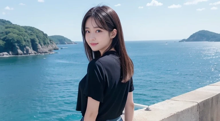 8K、Detailed Description、Very high definition、Realistic、reality的、Real、live-action、reality、High resolution、Nogizaka46、japanese idol,beautiful girl、21 years old、Dark brown eyes、sunny、summer、blue sky、View of the sea、Are standing、Back view、look back、smile,closed mouth,cropped shirt,pleated skirt,forehead,silky hair,Straight Hair、light smile,closed mouth,arm behind back,Knee-up-top angle of view、Back view、look back、Very black hair、pretty girl、Beauty、Glowing Skin、Glowing Skin、Shiny Hair、Hair blowing in the wind、Very white skin、Heavy makeup、Large Breasts、Slit eyes、Big Eyes、Dark brown eyes、Double eyelids、Don&#39;t show your teeth、Parting her bangs、Show your forehead、Put your hands behind your back