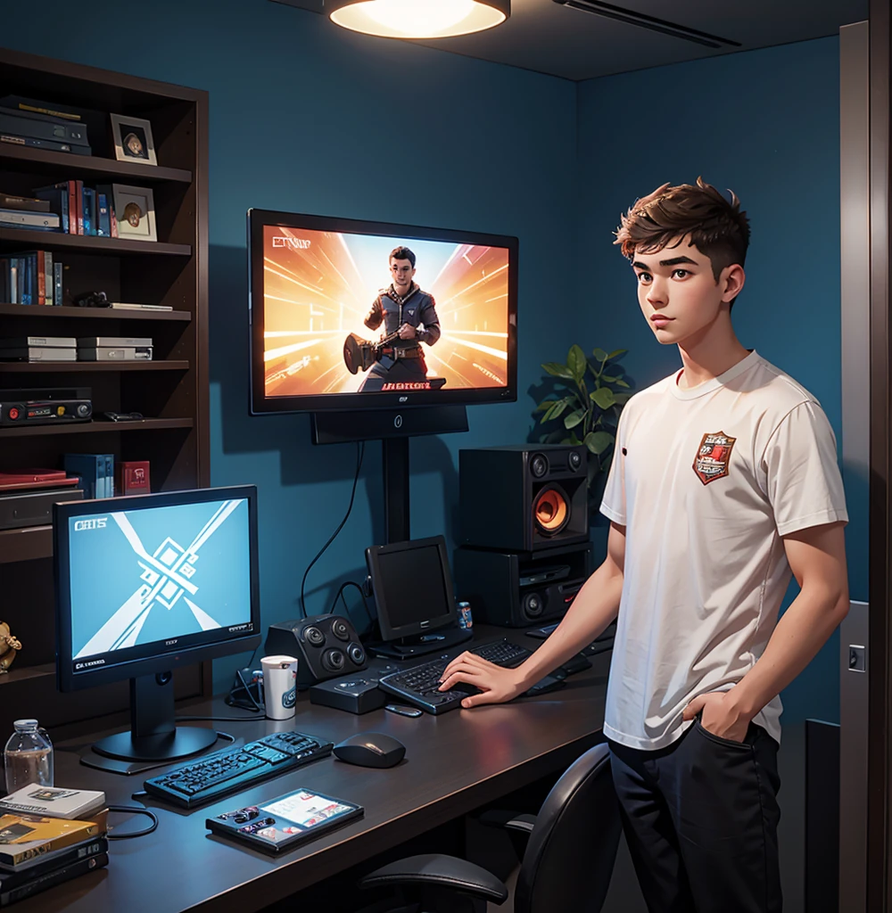 A 25-year-old boy is standing in the gaming room