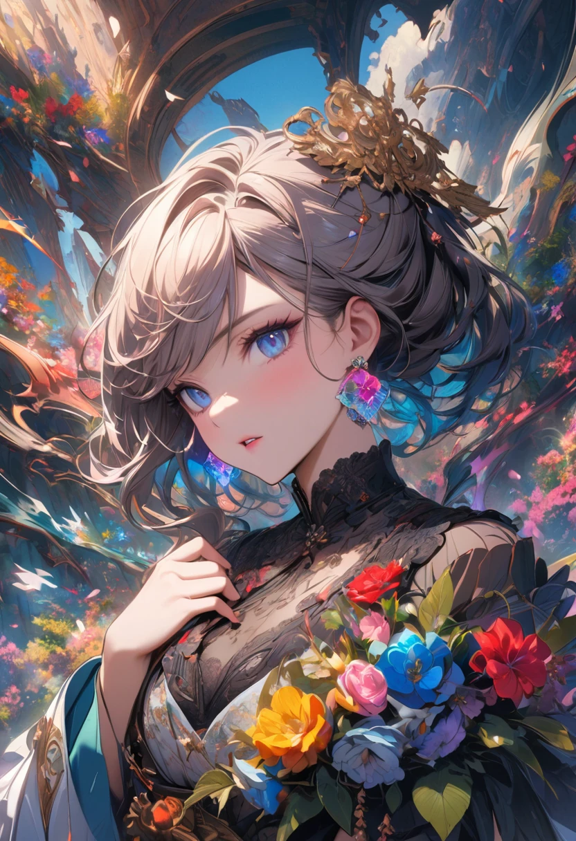 (masterpiece, Top quality, best quality, Official Art, beautiful and aesthetic:1.2), (1 Girl:1.3), Very detailed,(Fractal Art:1.1),(rich and colorful:1.1)(Flowers:1.3),The most detailed,(Zentangle:1.2), (Dynamic poses), (Blue Background:1.3), (Chinese Traditional Cloth:1.2), (shiny skin), (Many colors:1.4), ,(earrings:1.4),