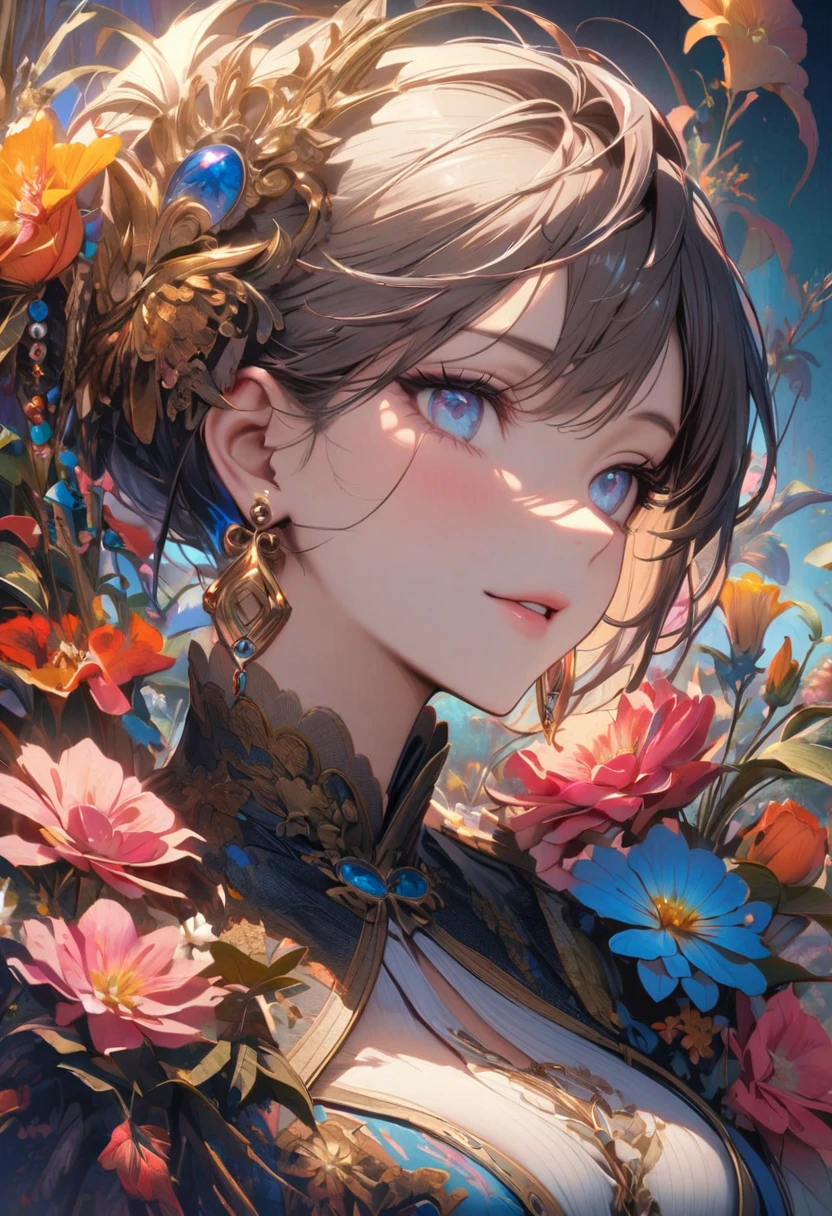 (masterpiece, Top quality, best quality, Official Art, beautiful and aesthetic:1.2), (1 Girl:1.3), Very detailed,(Fractal Art:1.1),(rich and colorful:1.1)(Flowers:1.3),The most detailed,(Zentangle:1.2), (Dynamic poses), (Blue Background:1.3), (Chinese Traditional Cloth:1.2), (shiny skin), (Many colors:1.4), ,(earrings:1.4),