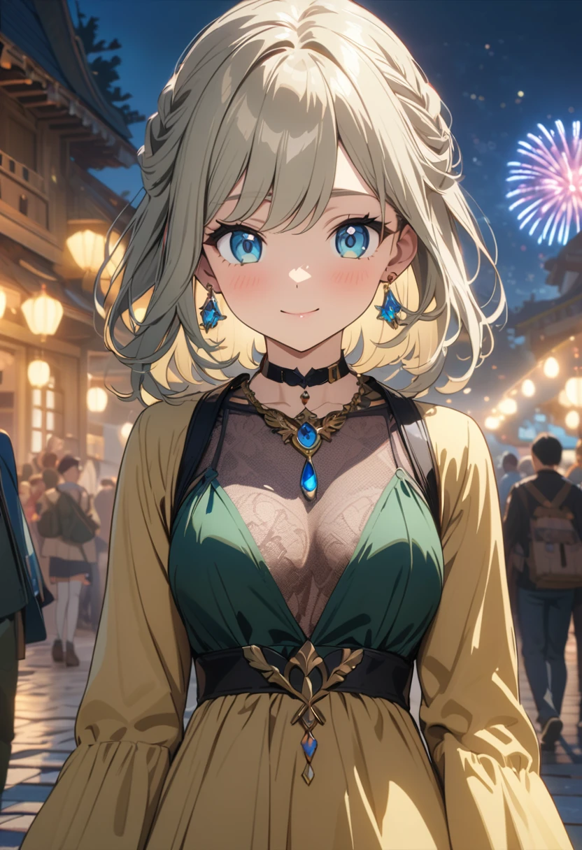 (masterpiece, best quality, High resolution, Extremely detailed, 8K, 4k), Album，Art Books, Anime Coloring, CG, illustration , fantasy, line-up ,1 Girl, Solitary, earrings, Necklace, The background is a huge ornate circular pattern, Smile, Looking at the audience happily, fireworks, Star, night, outdoor, (Hook of Holland), close up, Face focus, Upper Body, About Palace (Genshin Impact)