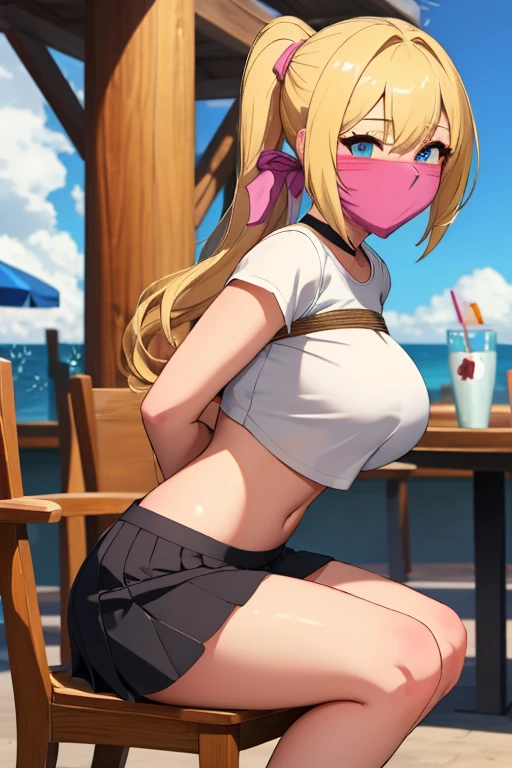 1 girl, detailed blue eyes, lange wimpern, detailed beautiful face, tied curly long ponytail, (very Long blonde hair:1.4), festgebunden, (arms behind back:1.6), gefesselte Arme, (blushing:1.3), (Big boobs:1.1), OTN, White OTN gag, Gag, gagged, bound knees and ankles, shibari over clothes, (black skirt, White crop top:1.4), sitting in a beach night Club on a chair, many people around, tied gag, nah aufnahmen
