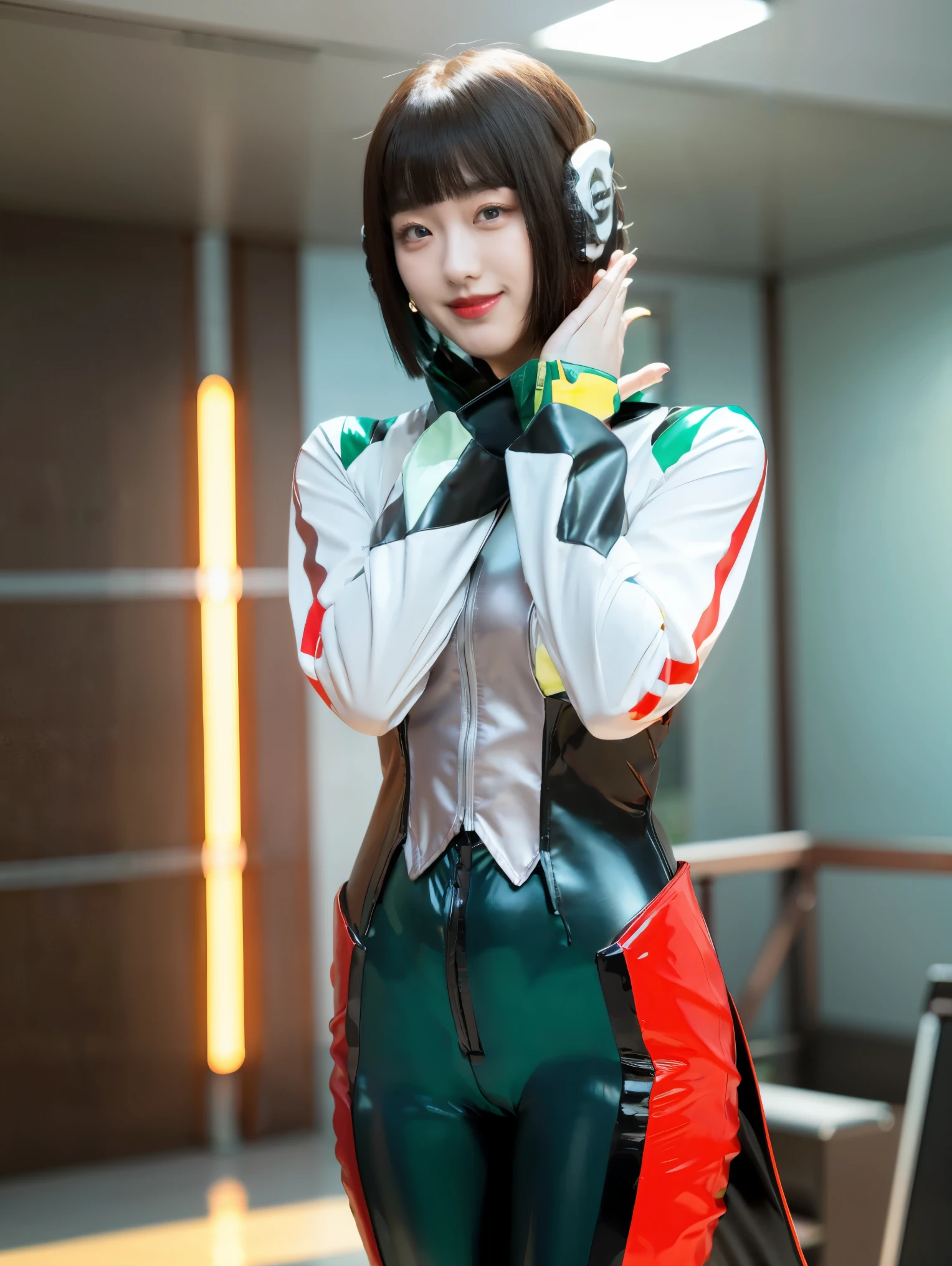 (extremely detailed CG), (best quality), 1girl,solo perfect face, shiny skin, lustrous skin, wide hips, narrow waist, kamen rider zero-two, ZeroTwo, rider belt, green armor, bodysuit, green armor,gloves, black bodysuit, red gloves HeroineIzu ,,aqua eyes, green hair,multicolored hair,humagear_headphones,black hair, bangs, short hair, ,indoors,own hands together, smile,