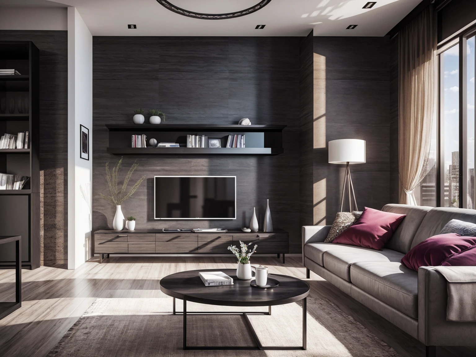 ((Photorealistic)); ((masterpiece)); interior design; Modern living room; Ultra detailed furniture; 4K resolution; High resolution textures