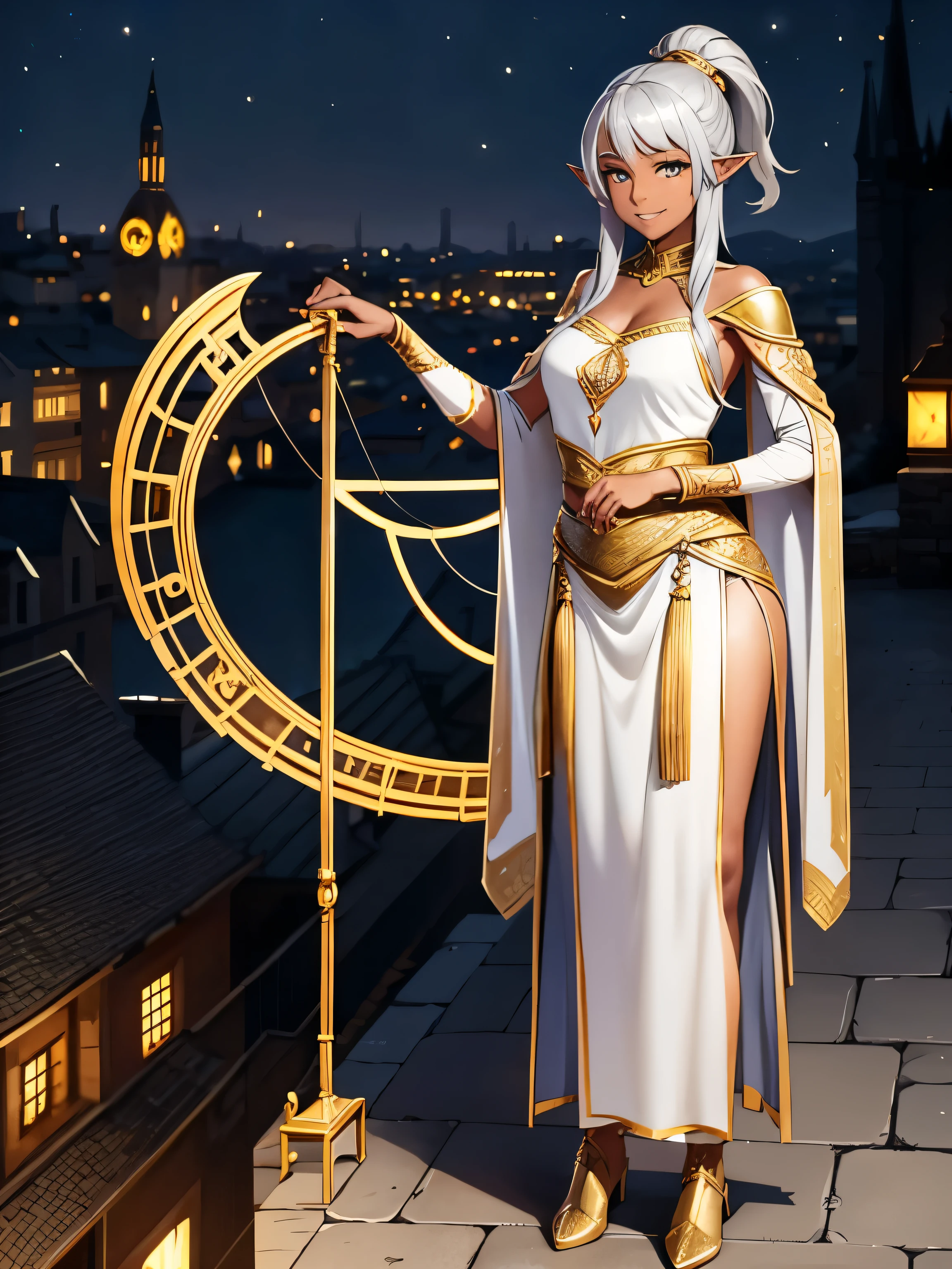 ((masterpiece)), ((HD)), grayish silver and gold clothing, tall elf girl, dark skin, playing the lyre on a roof, night, medieval city, smiling to the viewer facing forward full body in frame{(completely nude)}, (pink nipples), (pussy exposed), (remove panties), Breasts Exposed, (curvy hips), ((beautiful render art)), ((intricate details)),
