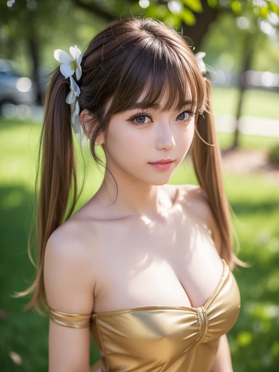 ((highest quality:1.2, 8k, Sharp focus, masterpiece: 1.2, highest qualityの柔らかな自然光, RAW Photos、 Extremely detailed CG, beautiful girl:1.2, reality, Detailed facial textures, (Photorealistic:1.3)、Realistic pale skin, Gaze staring at lover、Large Bust:1.2、Cleavage、Beautiful Makeup, Octane Rendering, growing up, fine bangs)), (Written boundary depth), Bokeh Background, smile,in , Cowboy Shot, (Shiny Hair Brown long twin tails 、Voluminous Hair:1.3、thick hair:1.2 ),( Random Bodycon Dress with Cut Shoulders ) 、Outdoor 、A spacious garden with greenery and flower beds 、Wind , From the side