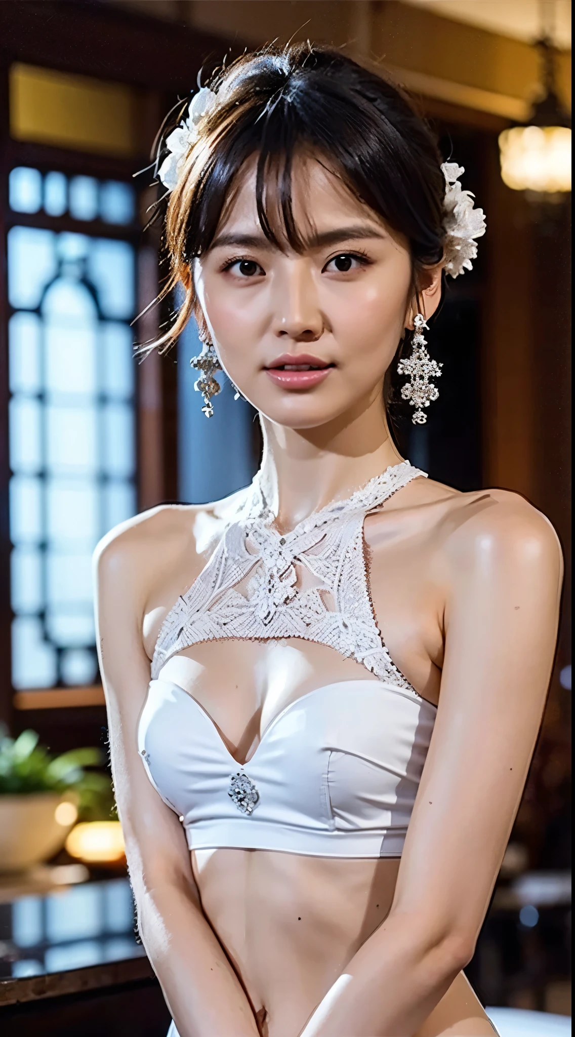 Half-body photo, Beautiful woman, Messy Hair, Girlish, Symmetrical bun, hair accessory, jewelry, Delicate face, eye Shadow, belly button, Dunhuang style, Delicate embroidery, silver jewelry, Silver Streamer, White Streamer, Light blue streamer, Delicate skin, soft Light effect, delicate and Smooth hair, Exquisite detail, Eye highLights, White skin, Delicate depiction, Extreme Detail, quality, thin, thin and long, pink々Became, Hair Details, thin bangs, Shawl Hair, Right body, Shadow, Air Van, 8k, Super quality, High-quality fabric, soft, Smooth, Smooth texture, Dunhuang style, Exquisite pattern, Correct hand drawing, Anatomically correct, Accurate, night, dark night, Light, Tyndall effect, Ray Tracing, Head-up display, Big Breasts, Cleavage, sexy thongs, A faint blush