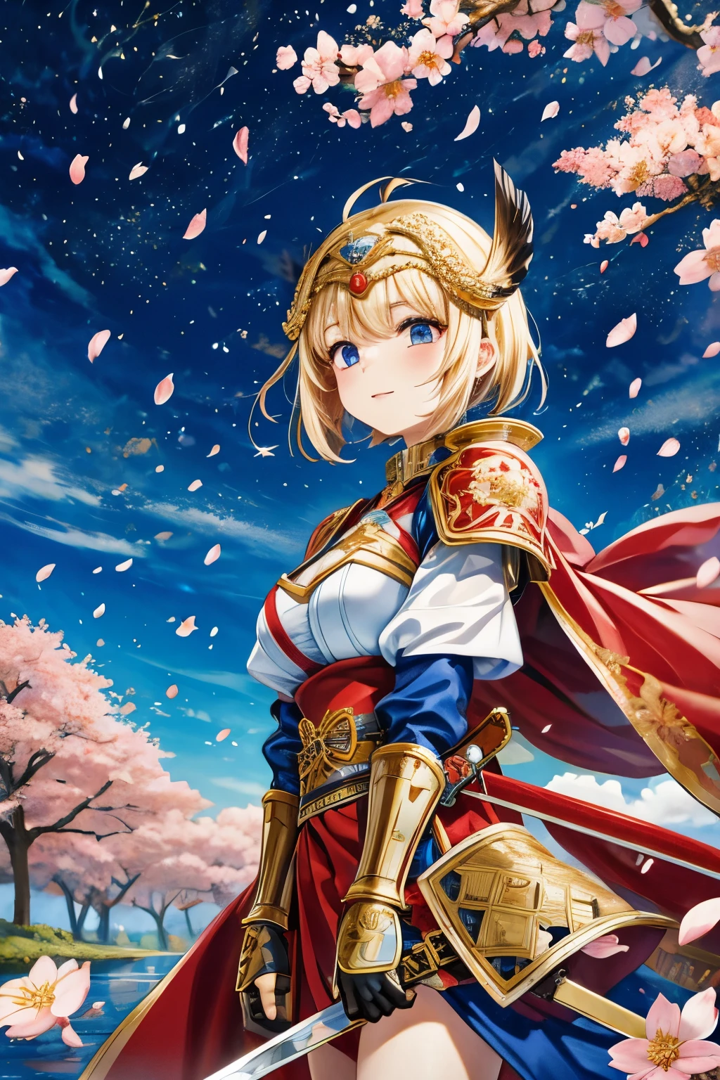 Solitary, 1 girl, Keep, arms, , sword, cape, armor, warrior刀, helmet, Gloves, sheath, japanese armor, full armor, warrior，Cherry Blossoms，Cherry blossom petals flying background（（（masterpiece）））， （（best quality））， （（Intricate details））（8K）