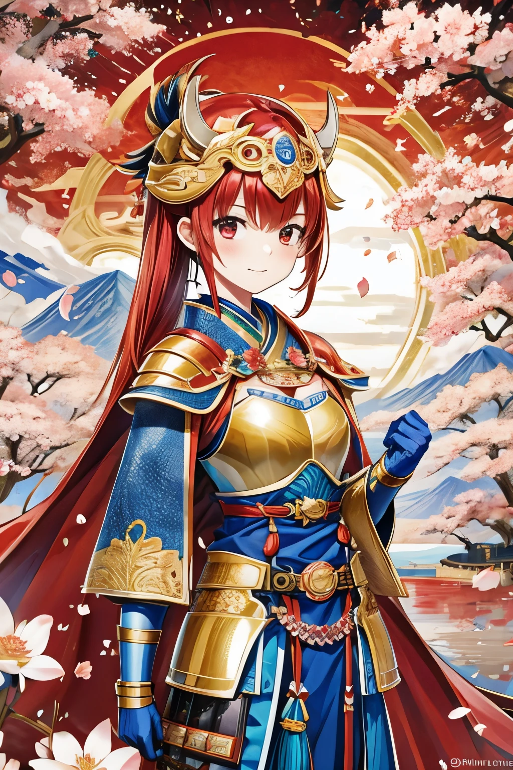 Solitary, 1 girl, Keep, arms, , sword, cape, armor, warrior刀, helmet, Gloves, sheath, japanese armor, full armor, warrior，Cherry Blossoms，Cherry blossom petals flying background（（（masterpiece）））， （（best quality））， （（Intricate details））（8K）