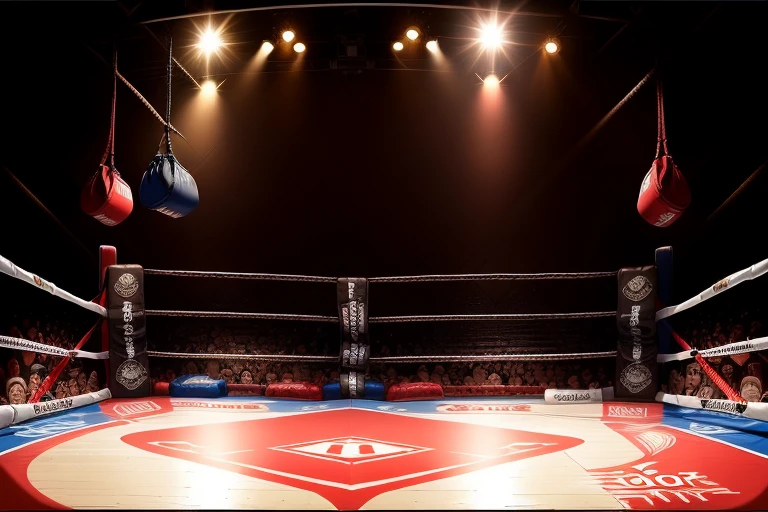 boxe ring with lights and ropes, boxe ring sol blanc coin rouge et sol blanc sol, fond d&#39;  Boardwalk Hall Atlantic City, Ring de boxe avec le sol blanc et les coins rouge, scene background  Boardwalk Hall d'Atlantic City, toile de fond  Boardwalk Hall Atlantic City,  Boardwalk Hall  in a boxe ring,  boxe, boxe match, scene,  projecteur, barre d&#39;arrière-plan Boardwalk Hall Atlantic City, spot et projecteur au plafond comme   fond dramatique, atmospheric perspective, glowing light, 8k, super detail, best quality, masterpiece