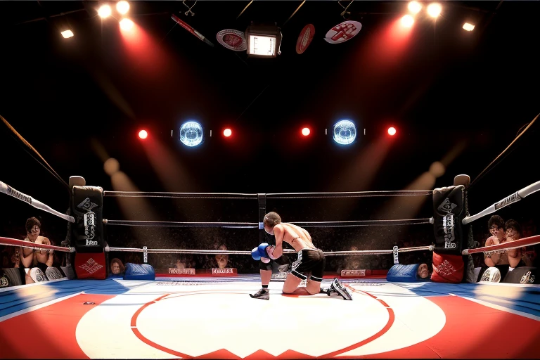 boxe ring with lights and ropes, boxe ring sol blanc coin rouge et sol blanc sol, fond d' Boardwalk Hall Atlantic City, Ring de boxe avec le sol blanc et les coins rouge, scene background Boardwalk Hall d'Atlantic City, toile de fond Boardwalk Hall Atlantic City, Boardwalk Hall in a boxe ring, boxe, boxe match, scene, projecteur, barre d'arrière-plan Boardwalk Hall Atlantic City, spot et projecteur au plafond comme fond dramatique, atmospheric perspective, glowing light, 8k, super detail, best quality, masterpiece