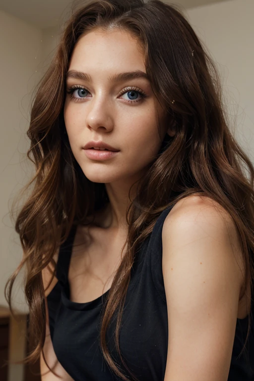 Woman 19 years old, long chestnut, slightly curly hair, Blue eyes, perfect face, professional makeup, Like a model, C and in a black top