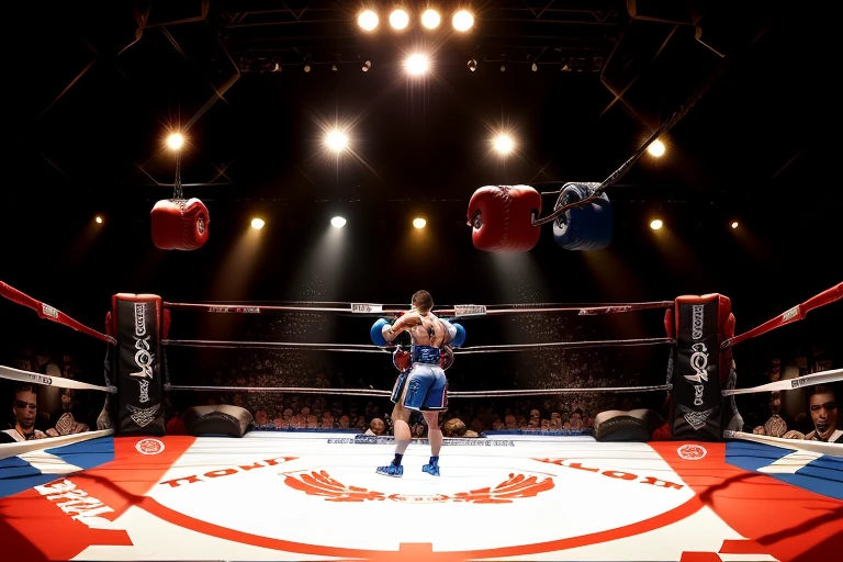 boxe ring with lights and ropes, boxe ring sol blanc coin rouge et sol blanc sol, fond d&#39;  Boardwalk Hall Atlantic City, Ring de boxe avec le sol blanc et les coins rouge, scene background  Boardwalk Hall d'Atlantic City, toile de fond  Boardwalk Hall Atlantic City,  Boardwalk Hall  in a boxe ring,  boxe, boxe match, scene,  projecteur, barre d&#39;arrière-plan Boardwalk Hall Atlantic City, spot et projecteur au plafond comme   fond dramatique, atmospheric perspective, glowing light, 8k, super detail, best quality, masterpiece