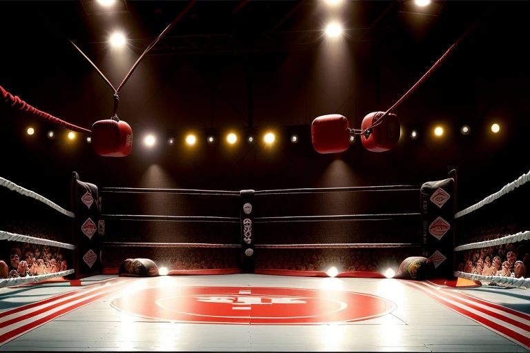 boxe ring with lights and ropes, boxe ring sol blanc coin rouge et sol blanc sol, fond d' Boardwalk Hall Atlantic City, Ring de boxe avec le sol blanc et les coins rouge, scene background Boardwalk Hall d'Atlantic City, toile de fond Boardwalk Hall Atlantic City, Boardwalk Hall in a boxe ring, boxe, boxe match, scene, projecteur, barre d'arrière-plan Boardwalk Hall Atlantic City, spot et projecteur au plafond comme fond dramatique, atmospheric perspective, glowing light, 8k, super detail, best quality, masterpiece