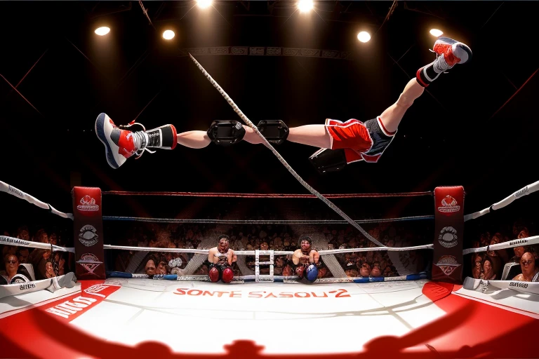 boxe ring with lights and ropes, boxe ring sol blanc coin rouge et sol blanc sol, fond d' Boardwalk Hall Atlantic City, Ring de boxe avec le sol blanc et les coins rouge, scene background Boardwalk Hall d'Atlantic City, toile de fond Boardwalk Hall Atlantic City, Boardwalk Hall in a boxe ring, boxe, boxe match, scene, projecteur, barre d'arrière-plan Boardwalk Hall Atlantic City, spot et projecteur au plafond comme fond dramatique, atmospheric perspective, glowing light, 8k, super detail, best quality, masterpiece