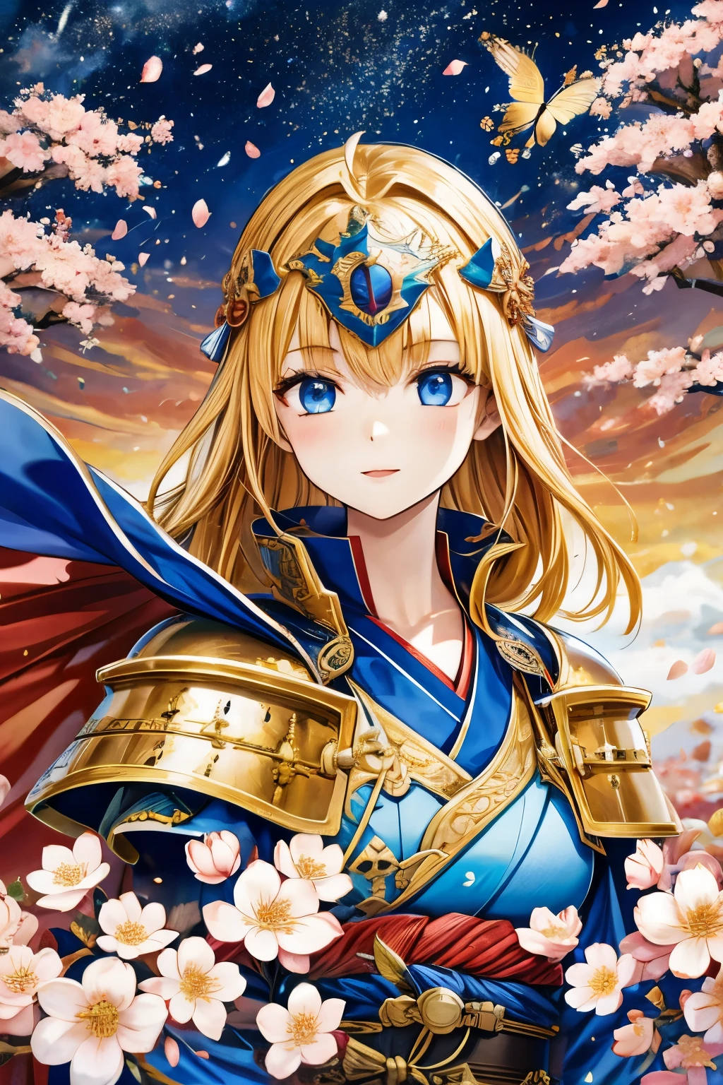 Solitary, 1 girl, Keep, arms, , sword, cape, armor, warrior刀, helmet, Gloves, sheath, japanese armor, full armor, warrior，Cherry Blossoms，Cherry blossom petals flying background（（（masterpiece）））， （（best quality））， （（Intricate details））（8K）