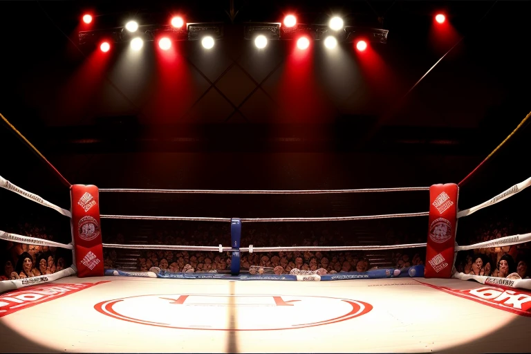 boxe ring with lights and ropes, boxe ring sol blanc coin rouge et sol blanc sol, fond d' Boardwalk Hall Atlantic City, Ring de boxe avec le sol blanc et les coins rouge, scene background Boardwalk Hall d'Atlantic City, toile de fond Boardwalk Hall Atlantic City, Boardwalk Hall in a boxe ring, boxe, boxe match, scene, projecteur, barre d'arrière-plan Boardwalk Hall Atlantic City, spot et projecteur au plafond comme fond dramatique, atmospheric perspective, glowing light, 8k, super detail, best quality, masterpiece