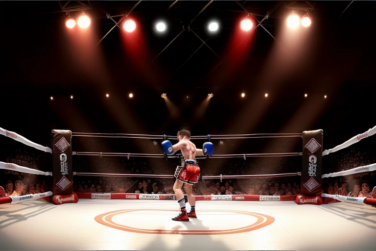 boxe ring with lights and ropes, boxe ring sol blanc coin rouge et sol blanc sol, fond d' Boardwalk Hall Atlantic City, Ring de boxe avec le sol blanc et les coins rouge, scene background Boardwalk Hall d'Atlantic City, toile de fond Boardwalk Hall Atlantic City, Boardwalk Hall in a boxe ring, boxe, boxe match, scene, projecteur, barre d'arrière-plan Boardwalk Hall Atlantic City, spot et projecteur au plafond comme fond dramatique, atmospheric perspective, glowing light, 8k, super detail, best quality, masterpiece