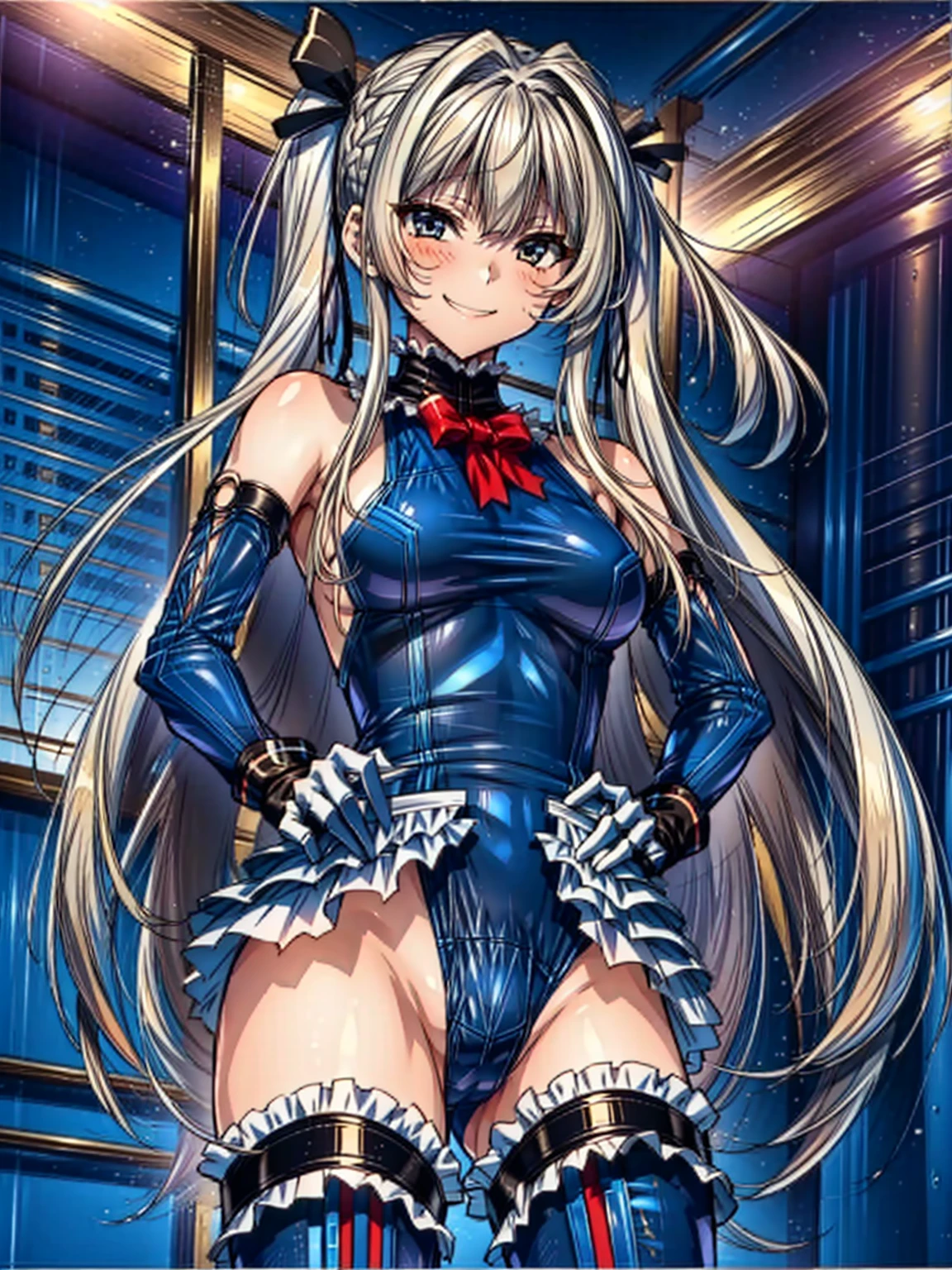 best masterpiece, ultra detailed, best quality, sharp focus, 12K, super high resolution picture, ,4K,Perfect Anatomy, highest quality, Marie Rose,Wicked Smile,Provocative attitude
,,Wicked Smile,Anime Style,(Ruffled swimsuit, Knee socks, Removed sleeve), (Anime Style:1.4) ,
,(White fingers:1.1,Black gloves),
Hollow Eyes,whole body,1 Girl、(In the research facility),,(very long hair:1.6),full body,(Tube connected to the crotch:1.8),nsfw