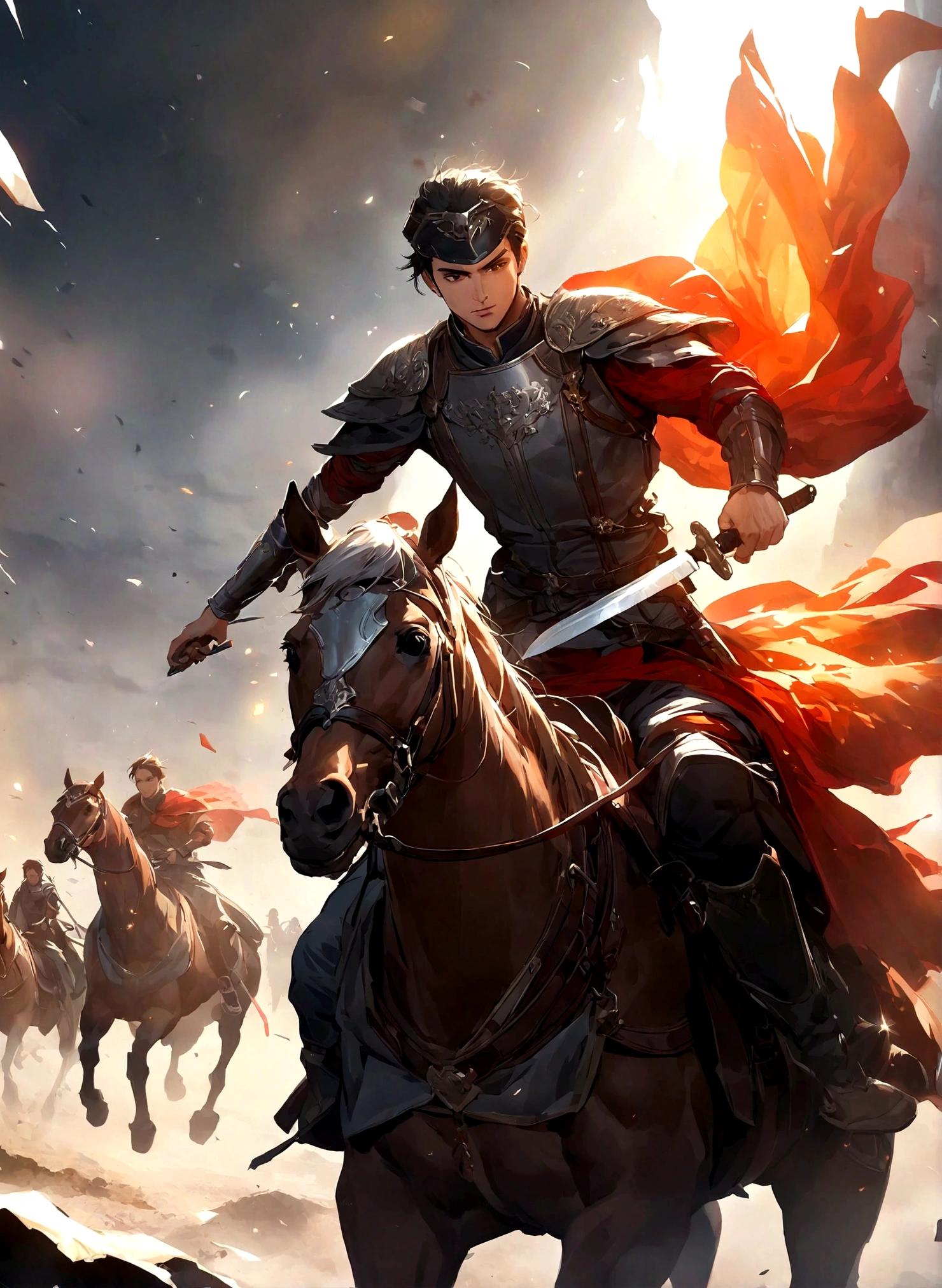 Young General,horse riding,Hold a long knife in your hand,The background is a battlefield,Sunlight,Heroic and fearless,Gorgeous,Motion Graphics,Rich in details