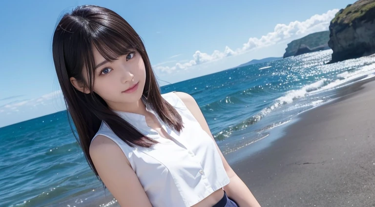 Stand to the right、8K、Detailed Description、Very high definition、Realistic、reality的、Real、live-action、reality、High resolution、Nogizaka46、japanese idol,beautiful girl、21 years old、Dark brown eyes、sunny、summer、blue sky、View of the sea、Are standing、Back view、look back、smile,closed mouth,cropped shirt,pleated skirt,forehead,silky hair,Straight Hair、light smile,closed mouth,arm behind back,Knee-up-top angle of view、Back view、look back、Very black hair、pretty girl、Beauty、Glowing Skin、Glowing Skin、Shiny Hair、Hair blowing in the wind、Very white skin、Heavy makeup、Large Breasts、Slit eyes、Big Eyes、Dark brown eyes、Double eyelids、Don't show your teeth、Parting her bangs、Show your forehead、Put your hands behind your back