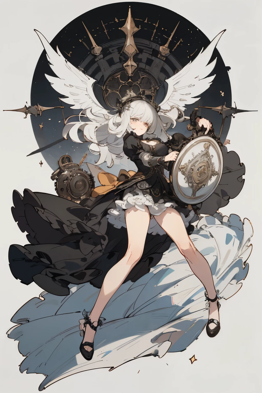 ((best quality)), ((masterpiece)), (detailed), perfect face ((best quality)), ((masterpiece)), (detailed), blank white background, plain background, white background, Bloodborne inspired,  occult aesthetic, occult, detailed and intricate steampunk and detailed gothic, (zentangle, mandala, tangle, entangle),  NSFW, torn clothing, Very dramatic and cinematic lighting, cosmic horror, grim-dark, side-lighting, perfect face, a beautiful goddess adorned and enshrined in armour, Bloodborne inspired , occult aesthetic , occult , detailed and intricate steampunk and detailed gothic , wielding a sword and holding a shield, NSFW, Fluttering lace flared short dress with frilly petticoats, knee length dress, pleated petticoats, lolita dress, petticoats gothic lolita, side-lighting, gothic lolita aesthetic, beautiful small breasts, small breasts, full body, whole body, body, plain background, white background, blank background, no background, white background NSFW, full body, whole body, head-to-toe