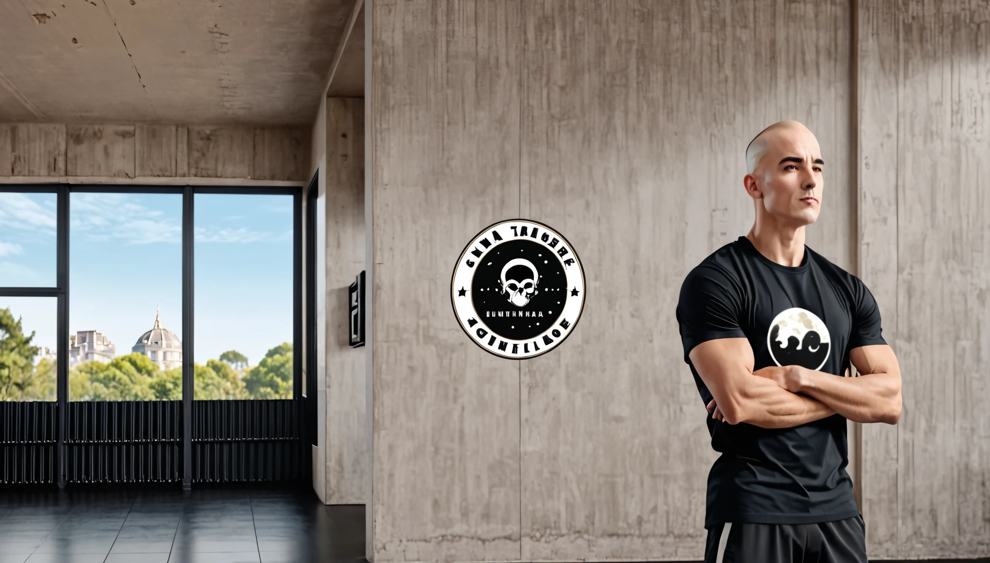 gym trainer business card . une salle de sport , minimaliste, design de old school gym, with large bay window,avec un croissant de lune dans le ciel . Un homme chauve bald shaved head, seul  fin et musclé portant un short noir et un tshirt noir . Le personnage est placé à gauche de l'image. 