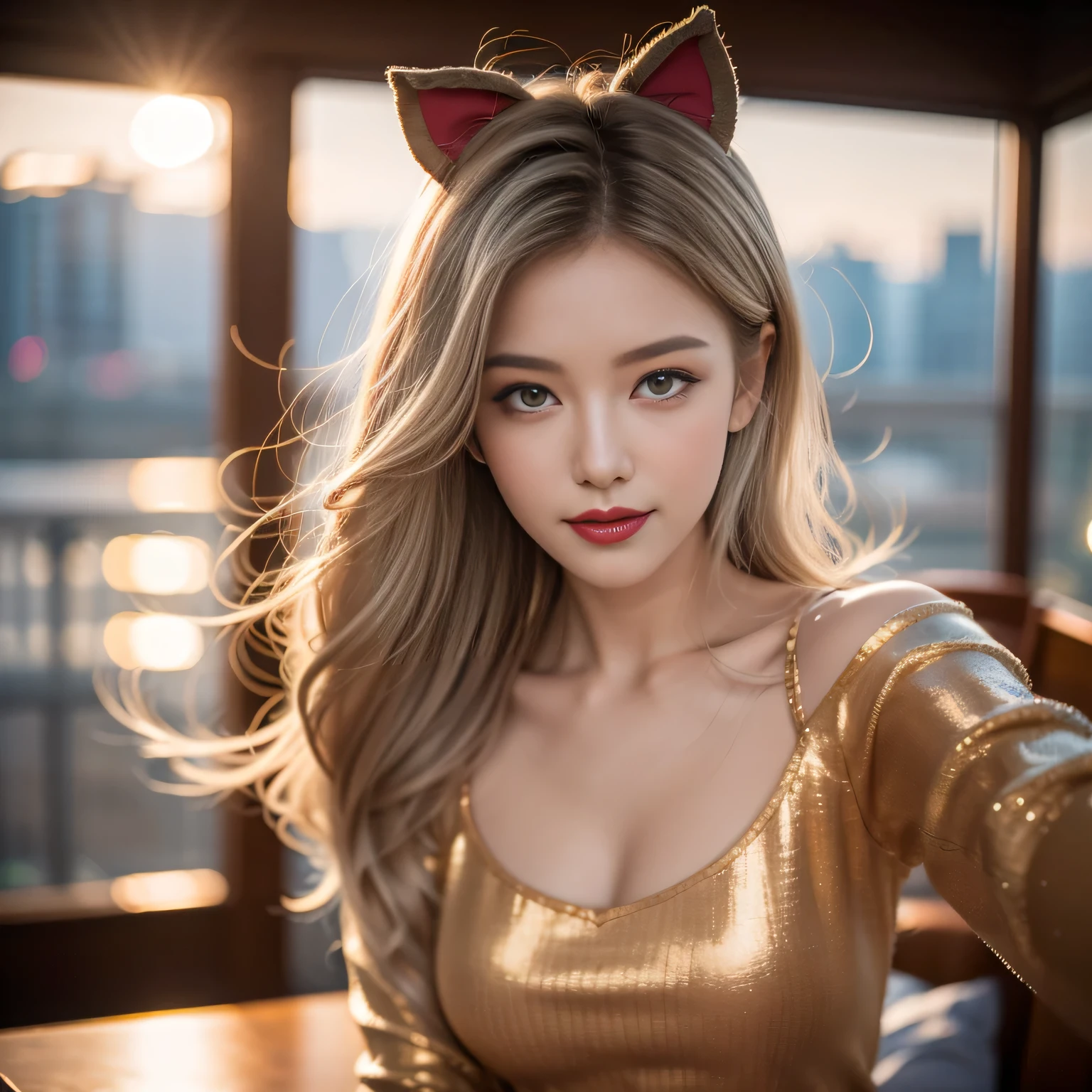 hair, hair bobbles, victory, Long eyelashes, Solid round eyes, Fake animal ears, A faint smile, red ears, direction, Surrealism, shadow, Relief, Stereogram, Tai Chi E, View, Atmospheric perspective, 8K, Super Detail, precise, best quality,xx remix girl,1 girl, Fisheye, Selfie, Wind, Messy hair, Sunset, city View, (Aesthetics and atmosphere:1.2), White hair,Smile,girl