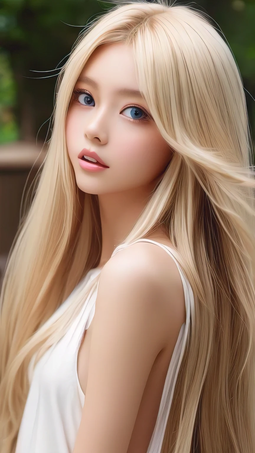 Shiny, clear, white skin、The blonde hair blowing in the wind falls over her pretty face、Colossal、Cute aged 16、Beautiful super long straight hair that stands out、Very bright, big eyes that shine so beautifully、Cute long silky bangs covering her eyes, Hair that covers the face, super long hair、Sexy cute young woman、Long natural blonde shiny hair、Small Face Beauty、Round face