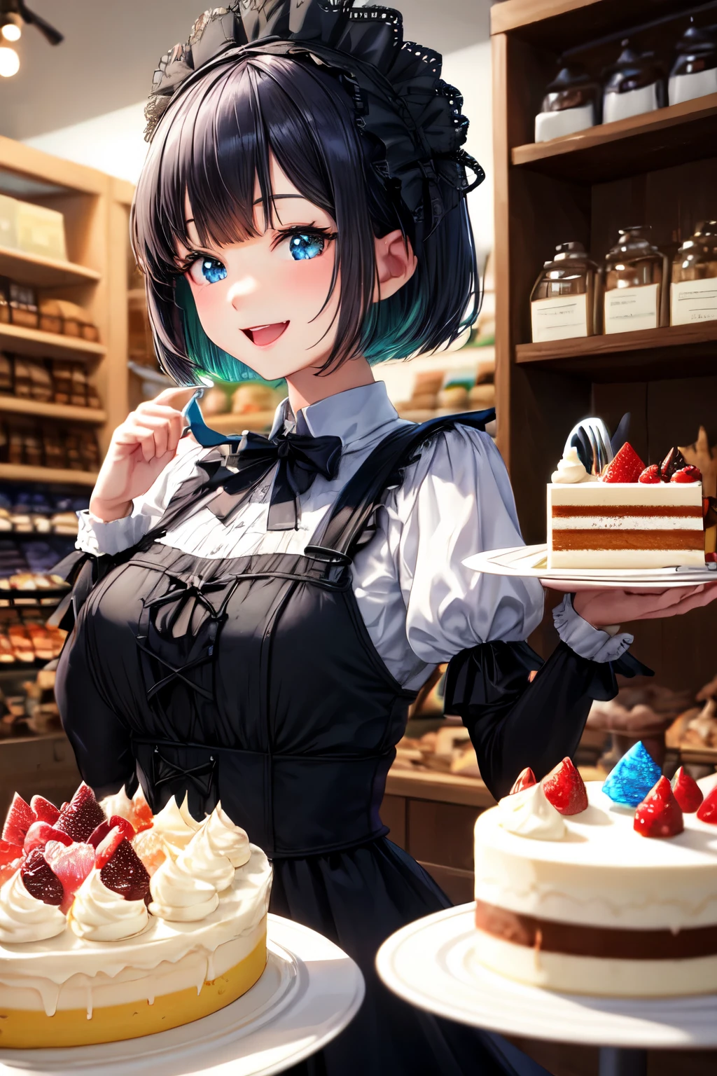 cake、、Mouth open、Holding a fork、Black Hair、Short Bob、Gothic Lolita、Hands on the vessel、smile、Smiling、Inside the store、