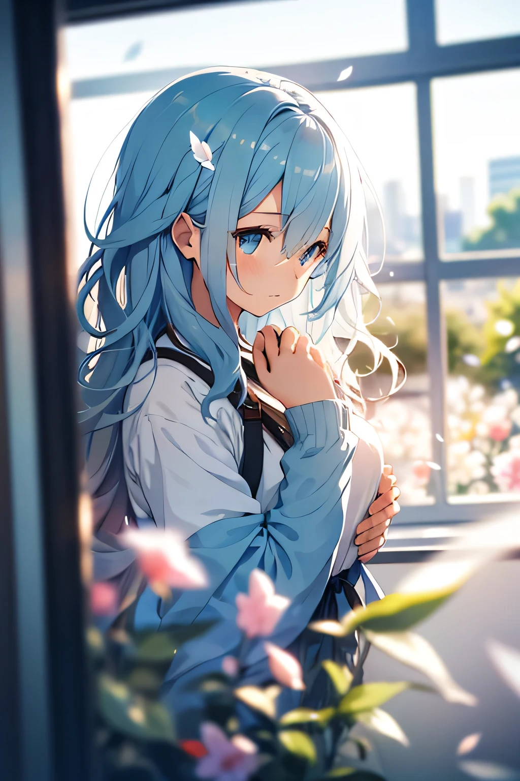 a girl with light blue wavy hair wearing classes, (out the window:1.1), (outside view:1.1), From the third person, fluttering petals, (depth of field, blurry, blurry background, bokeh:1.2)
