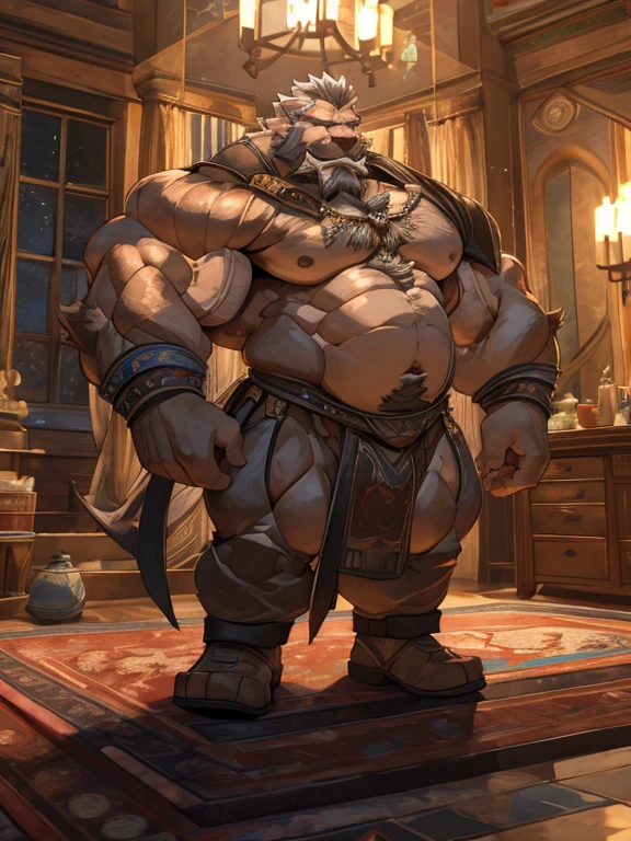 A burly, virile, and hairy dwarf, exuding the irresistible charm of a himbo muscle daddy. His middle-aged features, adorned by a long, bushy beard and a thick mustache, reveal a life of experience and adventure. His body, sculpted into a warrior's build and a bodybuilder's physique, is a testament to his unyielding dedication to physical fitness. The hair on his chest and belly forms a carpet of thick fur, while his hairy arms and legs are adorned with a natural, untamed layer of hirsute. Every muscle on his overmuscular and musclebound frame is defined and bulging, veins pulsing beneath the surface, hinting at his incredible strength. Despite his advanced age, his grey hair only adds to his handsome and dreamy appearance.