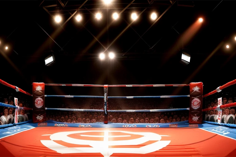 boxe ring with lights and ropes, boxe ring sol blanc coin rouge et sol blanc sol, fond d' Boardwalk Hall Atlantic City, Ring de boxe avec le sol blanc et les coins rouge, scene background Boardwalk Hall d'Atlantic City, toile de fond Boardwalk Hall Atlantic City, Boardwalk Hall in a boxe ring, boxe, boxe match, scene, projecteur, barre d'arrière-plan Boardwalk Hall Atlantic City, spot et projecteur au plafond comme fond dramatique, atmospheric perspective, glowing light, 8k, super detail, best quality, masterpiece