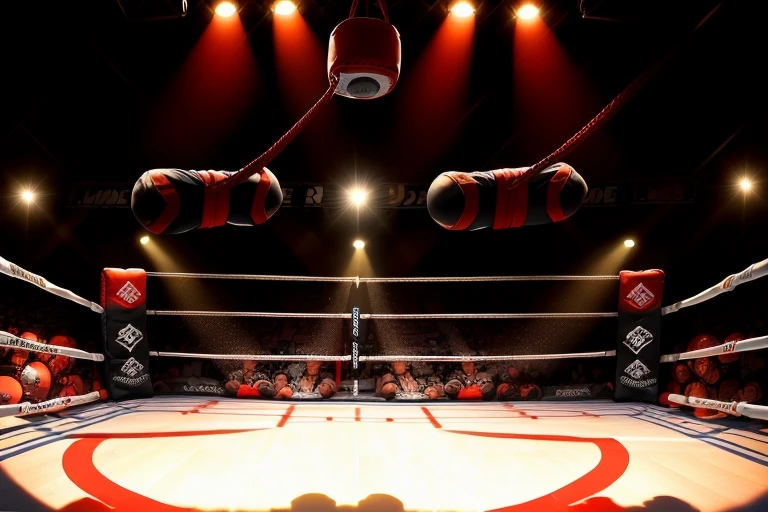 boxe ring with lights and ropes, boxe ring sol blanc coin rouge et sol blanc sol, fond d&#39;  Boardwalk Hall Atlantic City, Ring de boxe avec le sol blanc et les coins rouge, scene background  Boardwalk Hall d'Atlantic City, toile de fond  Boardwalk Hall Atlantic City,  Boardwalk Hall  in a boxe ring,  boxe, boxe match, scene,  projecteur, barre d&#39;arrière-plan Boardwalk Hall Atlantic City, spot et projecteur au plafond comme   fond dramatique, atmospheric perspective, glowing light, 8k, super detail, best quality, masterpiece