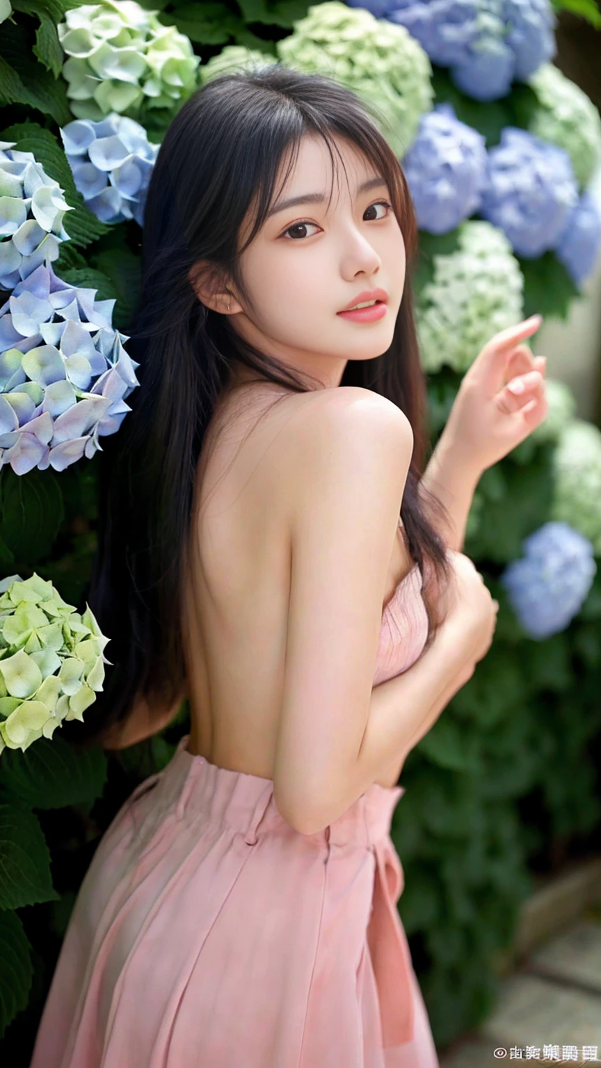 最high quality、high quality、Best image quality、8k、topless:1.8,Nipples are visible:1.8、Pleated skirt,最High resolution、High resolution、最high quality、masterpiece、RAW Photos、whole body写真、Detailed and realistic human body、Detailed and realistic skin、Realistic face in every detail、Detailed and realistic eyes、Detailed and realistic lips、Detailed and realistic teeth、Detailed and realistic ears、Detailed and realistic hair、Realistic reproduction of every detail、Realistic fingers in every detail、(Beautiful Hands、thumb1reference4)、Realistic feet down to the last detail、((Beautiful Japanese Women))、(Japanese Model)、((21 year old beautiful woman))、(Black Hair)、(Straight hair)、((whole body))、(Slim and perfect figure)、(whole body光沢肌、Fair skin)、Detailed and realistic human body、Detailed and realistic skin、Realistic face in every detail、Realistic fingers in every detail、Detailed realistic feet、Soft natural light、Japanese garden、A 360-degree view of the hydrangea fields、((Standing in the middle of a hydrangea field(A woman surrounded by hydrangeas on all sides))、Poses to make your thighs look beautiful