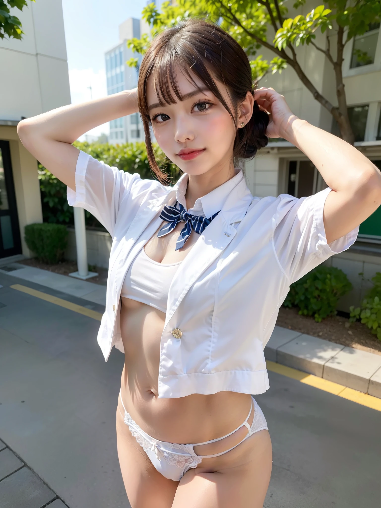 ((Best of the highest quality, 8k, Masterpiece: 1.3, raw photo)), Sharp focus: 1.2, (1 AESPA, slim body type female, 21 y/o: 1.1), (Solo: 1.2), (realistic, photo-realistic:1.37), face focus, cute face, finely eyes, (droopy eyes: 1.32), (Emphasize prominent aegyo-sal with bright: 1.2), shimmering eyeshadow applied under the lower lash line, paired with thick, (from behind: 1.1), (small breasts, flat chest, Thigh: 1.3), (short bob, bangs, updo: 1.28), (wearing blazer and shirt of school uniform, panties: 1.32), (ribbon: 1.2), walking terrace dining, sun light, flower, arms up,