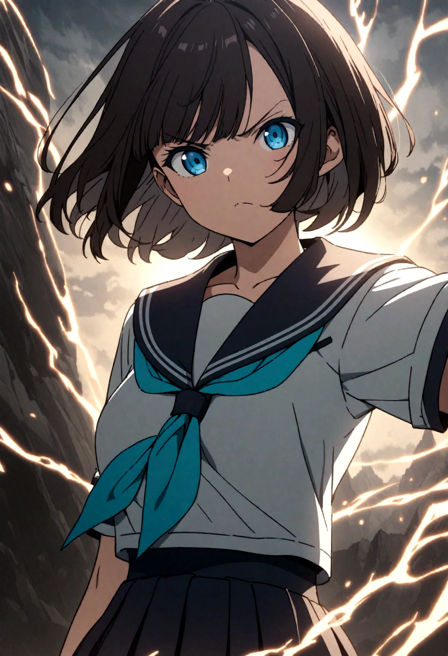 1girl, original, (solo:1.1), standing, raised fist,
dynamic scene,
cowboy shot,medium breasts, intricate dark brown hair, blue eyes,
(bob cut:1.1), (short hair:1.1), (blunt ends:1.2), blunt bangs,
left swept bangs,uncensored,
serious, determined, v-shaped eyebrows,
serafuku, white sailor shirt, dark blue pleated skirt,
dark blue sailor collar, aqua neckerchief, short sleeves,
showing the bra underneath,
glowing lines over body, lightning, (wind, whirlwind:1.2),
cinematic composition, epic composition, cinematic lighting,
outdoors, cinematic angle, great lighting, detailed shadows,
detailed body, anime artwork, anime style, key visual, vibrant,
studio anime, highly detailed, newest, late, anime coloring,
masterpiece, best quality, best aestethic,absurdres, 