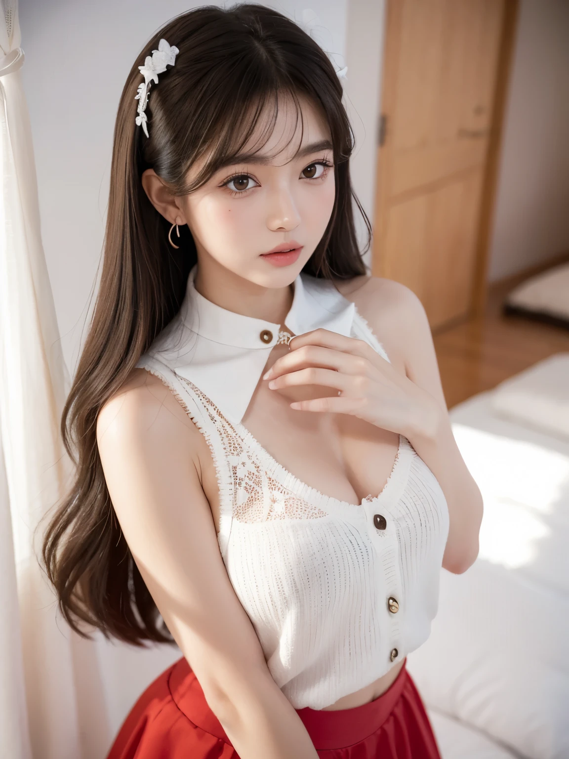 Kim Jennie with white brown hair, con rulos en las puntas, with two bows on each side of the hair, all her hair white brown, with a star clip in her white brown hair, ojos de color claro, ojos bonitos, ojos llorosos, nariz bonita y respingada, nariz lloroso, labios bonitos, labios rosas, heart and cupid shaped lip, piel bonita, pale, piel blanca, con lunares y pecas en todo el rostro, rubor rosa suave en las mejilla, rubor rosa natural, maquillaje suave y rosa, jennie, cuello bonito, cuello marcado, frown, mirada tierna, con un collar de beso, un collar bonito de beso, parecido a Yumeko Jabami, mientras lleva puesto un Crochet YK2, de lana, with a YK2 style brown mini skirt, mientras lleva una casaca con estampados de ositos, mientras tiene el abdomen desnudo, delgado, marcado y bonito, (pechos grandes, pechos suaves, pechos bonitos), mientras esta haciendo cospaly del personaje Yumeko Jabami, del anime Kakegurui, mirando a la camara