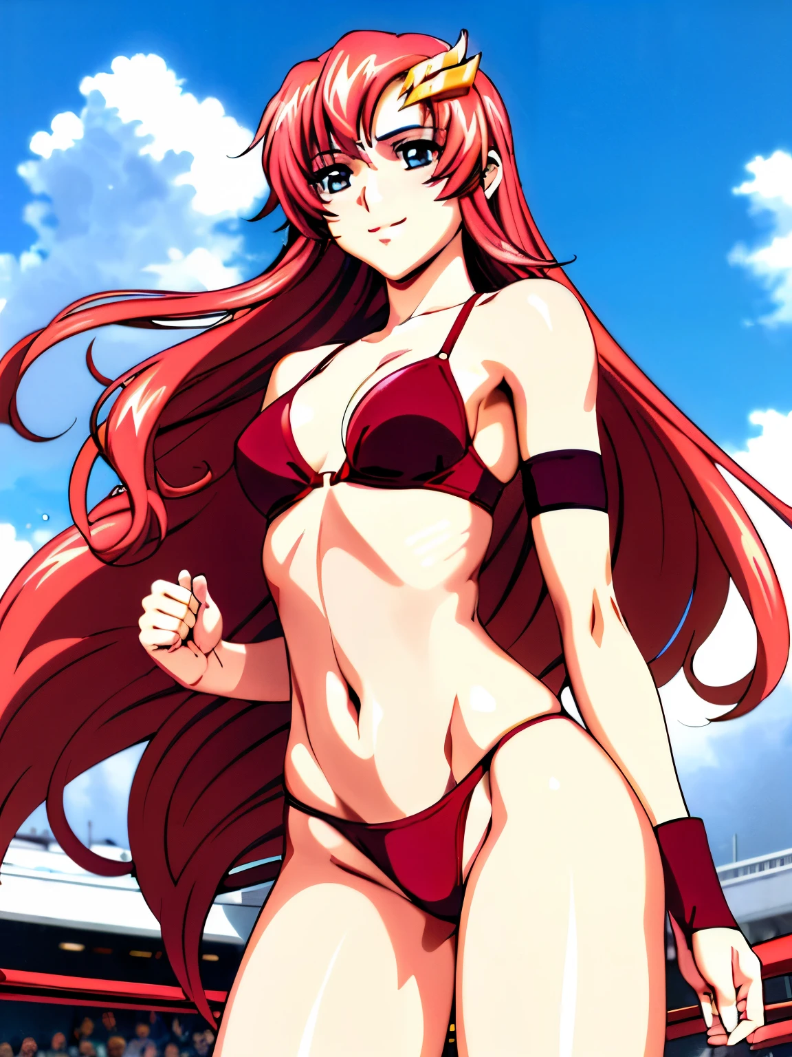 lacus4, (red bikini, running, thong, thin girl, masterpiece, cowboy shot, very slim shoulders, 4K, Best Quality, Anime style: 1.9, happy, Adult Woman, (ultra detailed head), (Crowd, cloud background), Drawing lines, high resolution, lacus4), 1girl, Solo, curvy figure, clavicle, scapular, (Detailed wide hair bangs, Hair Ornament, Detailed reddish-pink hair, shiny streaks, slim arms, detailed golden crest), cleavage, large hands, (hair cover shoulders). (Big blue eyes, shiny eyes), ((female wrestler, (slim body), slim arms, closed fists, thighs)), ((perfect proportions, medium-small breasts, medium thighs, long belly)), ((totally red bra, red arm band, red arm band, tied hair)), smile with a wink, (standing, hot colors), detailed fingers, (bare shoulders)