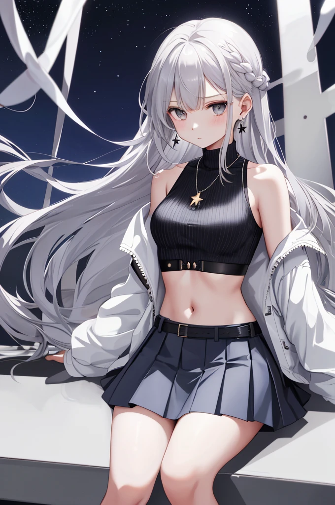1 girl, solo, skirt, dwarf, navel, stomach, shirt, necklace, mini skirt, sleeveless, jacket, jewelry, earrings, thighs, braid, belt, sky, undershirt, night, chain, sideburns, expressionless, thighs, long hair, crop top , sleeveless shirt, shoulders, bare shoulders, look at the audience, spaghetti band, denim lens, pleated skirt, white jacket, very long hair, white shirt, open jacket, black necklace, grey hair, white skirt, thigh straps, grey eyes, revealing clothes, long sleeves, Zetai Ryūki, black shirt, stars (sky), blush, sit