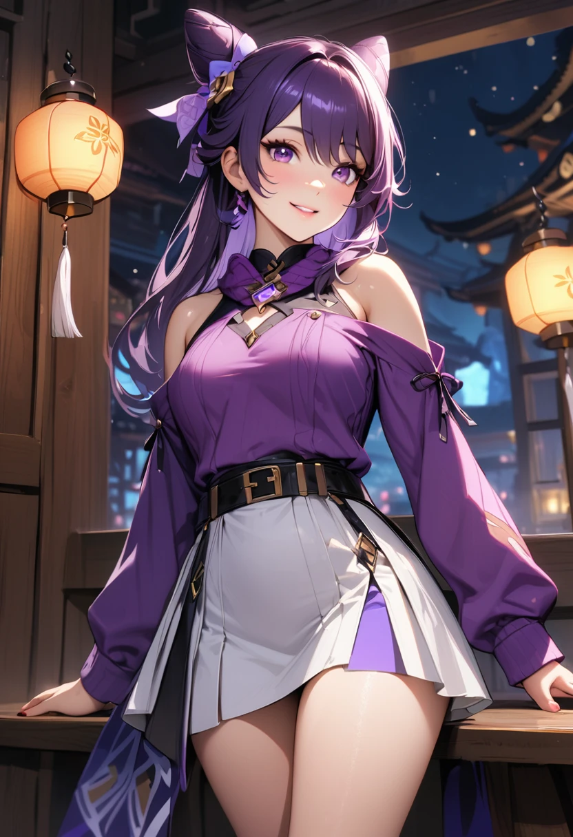 (Realistic style:0.9), masterpiece, best quality,  absurd, looking at the audience, Solitary, Guest Secretary (Lantern Festival) (Genshin Impact), Guest Secretary (Genshin Impact), Hair Bun, skirt, scarf, purple sweater, white skirt, Purple Hair, sweater, Double tail, Purple Eyes, Diamond-shaped pupil, Hair accessories, Bare shoulders, Smile, breast, cone Hair Bun, long hair, belt, twice as good, Long sleeve, Bangs, bow, Flowering, hair bow,Ribbon, hair Ribbon, Weaving, lattice scarf, lattice, Off-shoulder