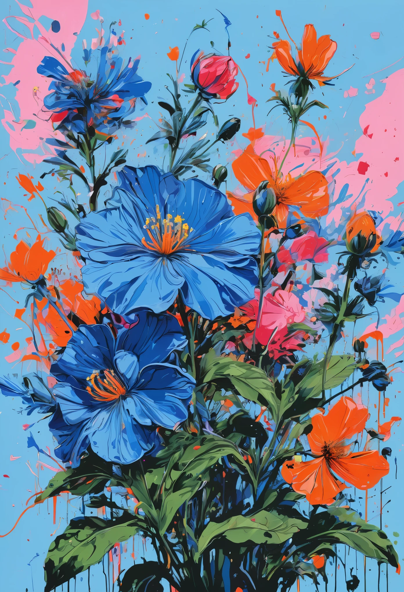 Graffiti, scribble, Comics by Petra Cortright, best quality, masterpiece, blue flowers artwork, Representative work, official art, Professional, Ultra intricate detailed, 8k, blue flowers art, colourful background 