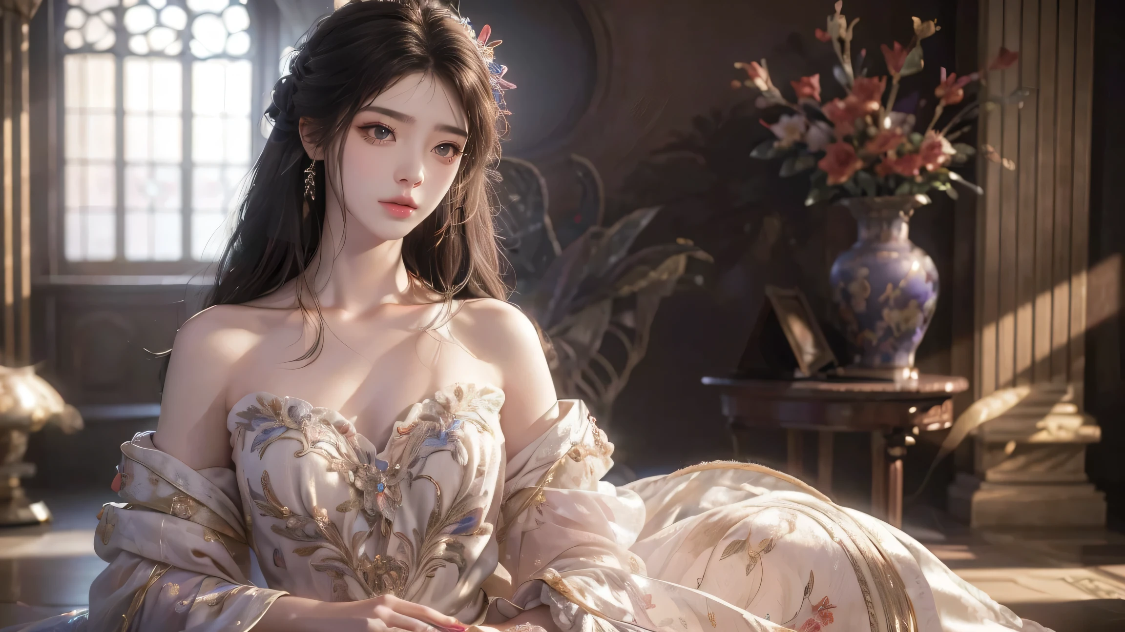 (Best quality,8K,A high resolution,Masterpiece:1.2),Ultra-detailed,(Realistic,Photorealistic,photo-realistic:1.37),Portrait,Creative style artwork,Historical,classical,Sophisticated,plethora of colors,Highly detailed,Soft lighting,luxurious environment,detailed gown,Vibrant flowers,detailed jewellery,Ethereal atmosphere,Elegant Pose,red dress,Graceful curves,Gold body proportions，Flowing hair,Breathtaking textile patterns,Harsh purple eyes,Delicate floral decoration,A dazzling array of crystal accessories,Mysterious and dreamy atmosphere,Impeccable attention to detail.