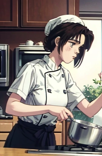  super fine illustration, highly detailed, dynamic angle, beautiful detailed, 8k, During lunch time, a kitchen as busy as a battlefield. BREAK A female chef is working hard, with a stern expression. BREAK She is using a frying pan and standing in front of the stove. BREAK Wearing a chef's coat and a tall chef's hat, her hair is short and neatly tied back. (Lora:1.3),{masterpiece},{highquality},{Super detailed}