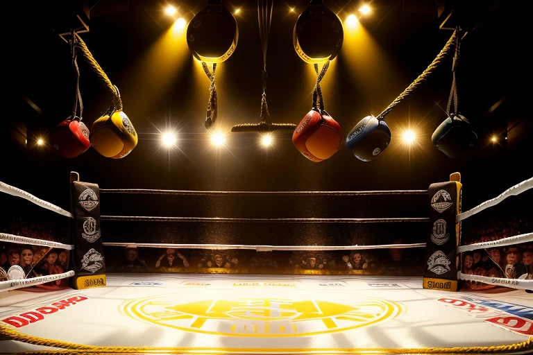 boxe ring with lights and ropes, boxe ring sol blanc coin jaune et sol blanc sol, fond d' Boardwalk Hall Atlantic City, Ring de boxe avec le sol blanc et les coins jaune, scene background Boardwalk Hall d'Atlantic City, toile de fond Boardwalk Hall Atlantic City, Boardwalk Hall in a boxe ring, boxe, boxe match, scene, projecteur, barre d'arrière-plan Boardwalk Hall Atlantic City, spot et projecteur au plafond comme fond dramatique, atmospheric perspective, glowing light, 8k, super detail, best quality, masterpiece