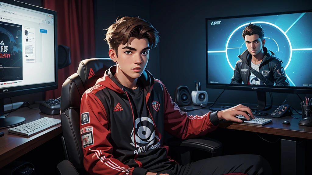 A 25-year-old boy sits on a gaming chair in a gaming room, behind a gaming mic, looking at me