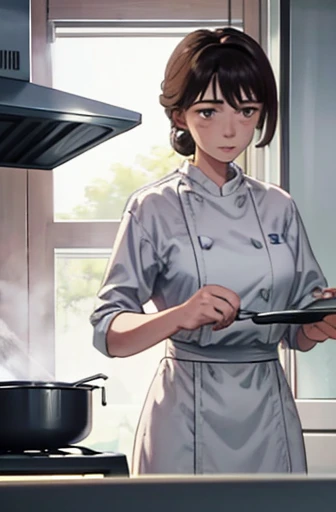  super fine illustration, highly detailed, dynamic angle, beautiful detailed, 8k, During lunch time, a kitchen as busy as a battlefield. BREAK A female chef is working hard, with a stern expression. BREAK She is using a frying pan and standing in front of the stove. BREAK Wearing a chef's coat and a tall chef's hat, her hair is short and neatly tied back. (Lora:1.3),{masterpiece},{highquality},{Super detailed},{Perfect Face}