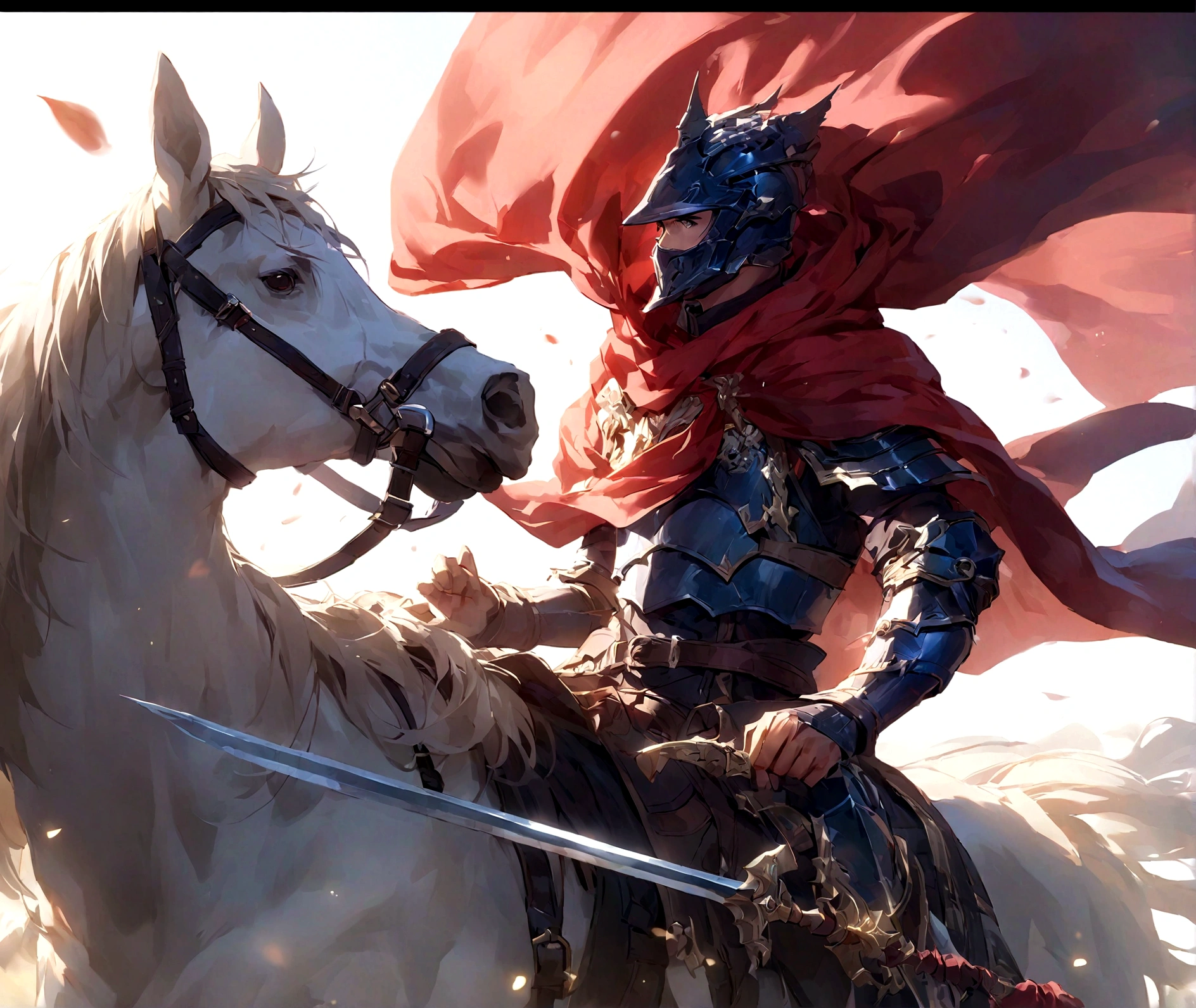 一个戴着helmet的男人骑着horse，Sword in hand，头上戴着红色cloak，armor，cloak，helmet，horse，骑horse，horse鞭，骑horse，Spear，arms