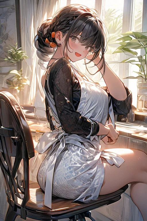 (from above:1.2),(from side:0.9),(A masterpiece of image quality in 8K),(Beautiful Allafed Woman),(((emphasizing breasts:1.1))),(Dynamic angles),(Dynamic and sexy bending pose:1.3),(sit a chair:1.1),(Short hair in shiny silver and orange inner colors,small full breasts,Disturbance of clothing due to movement,breast slip,(Ponytail twisted buns adorned with elaborate braids and beads,Braided Setup Fishbone Hair,),(see-through bangs),(perky chest:1.1), (pointed chest:1.3), small breasts、(((A white lace apron that shows your bare skin from under your small breasts)))、Blush with embarrassment、Enraptured eyes、A smile that beguiles the viewer、(Look back:1.7)、Look into the photographer,skin glistening with sweat,gazing at viewer,,(Professional Lighting),(8K,masutepiece,top-quality,Ultra-high resolution output image,),(Ultra HD with complex detail image modes),depth of fields,Beautiful hands,Beautiful fingers,Detailed finger features,(Detailed hair features:1.7),detailed facial features,detailed clothes features, (perky chest:1.1), (pointed chest:1.3), seductive weak smiling,(with sparkling eyes and a contagious smile),little open mouth,