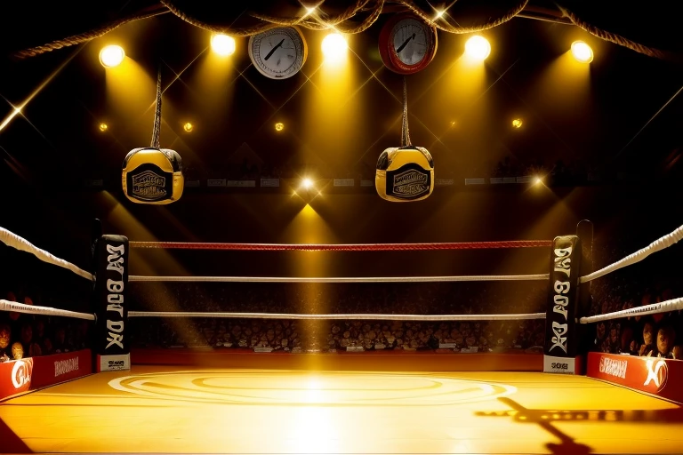 boxe ring with lights and ropes, boxe ring sol blanc coin jaune et sol blanc sol, fond d' Boardwalk Hall Atlantic City, Ring de boxe avec le sol blanc et les coins jaune, scene background Boardwalk Hall d'Atlantic City, toile de fond Boardwalk Hall Atlantic City, Boardwalk Hall in a boxe ring, boxe, boxe match, scene, projecteur, barre d'arrière-plan Boardwalk Hall Atlantic City, spot et projecteur au plafond comme fond dramatique, atmospheric perspective, glowing light, 8k, super detail, best quality, masterpiece
